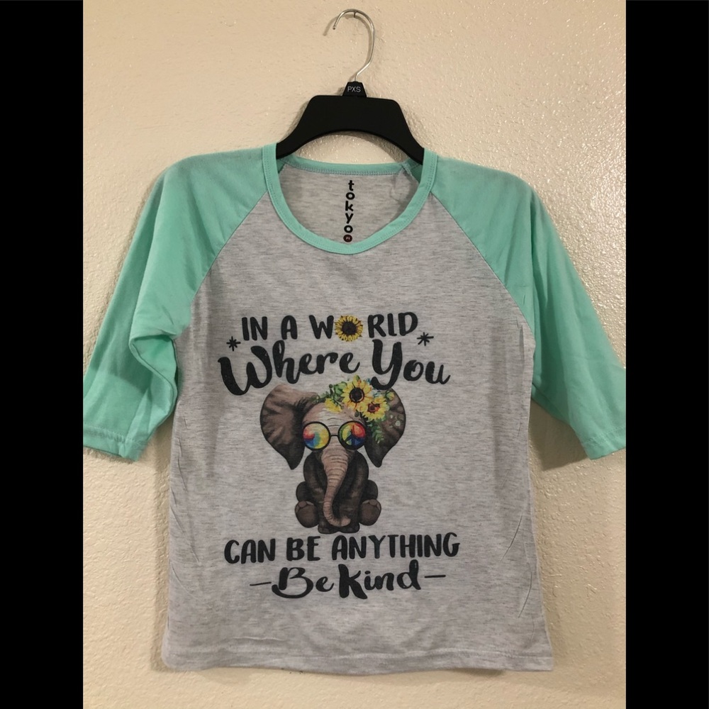 Be Kind Top Tee size XS Teal Elephant